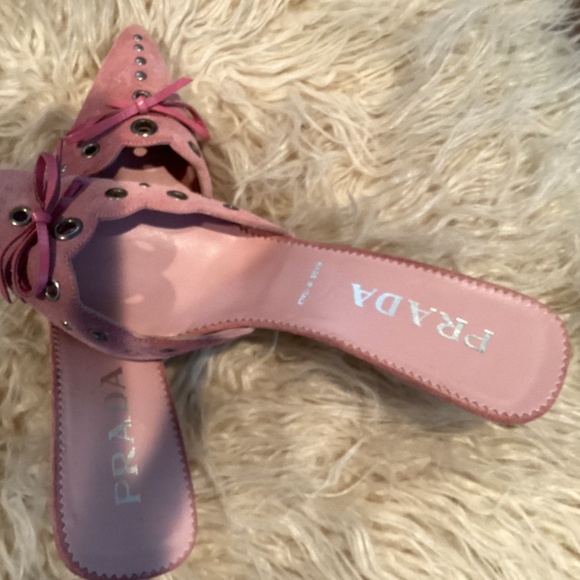 Prada Pink Suede With Leather Bow Open Back Kitten Heels, Size 37 1/2 - Picture 2 of 5